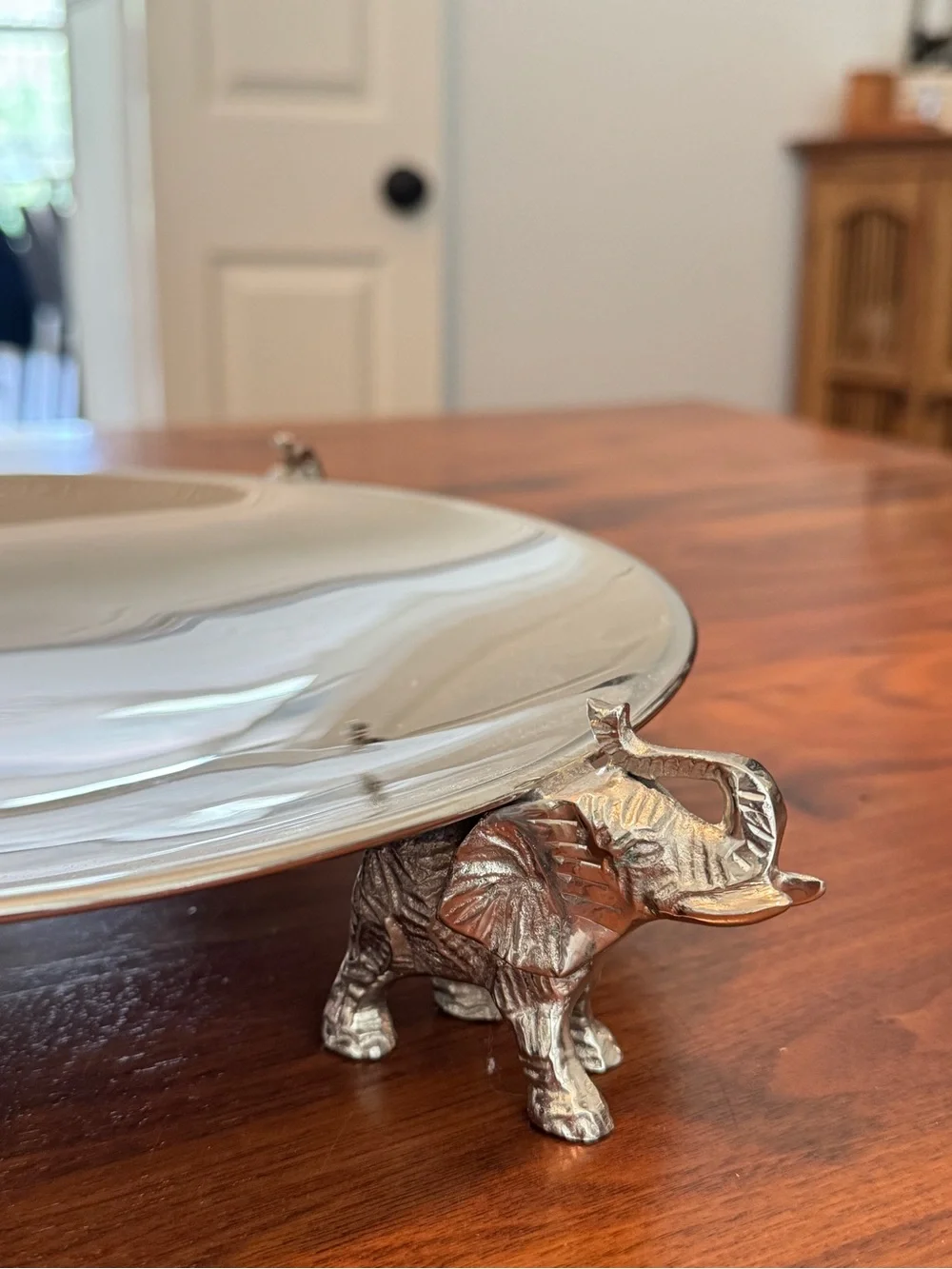 Silver Metal 12 in. Round Decorative Tray with Elephants 12.5”